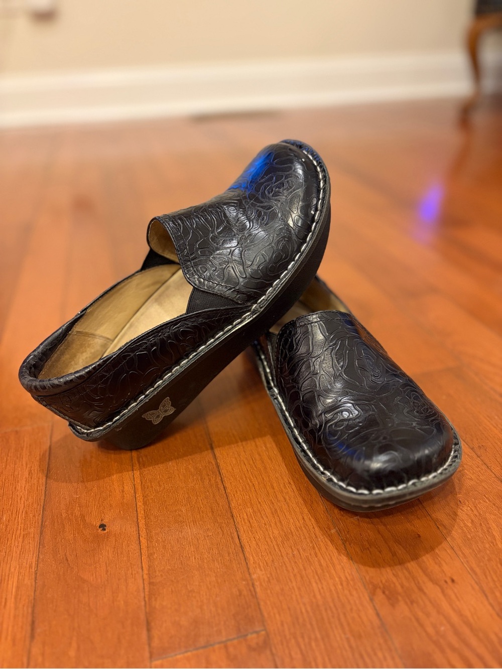 Alegria | Debra Black Rose Embossed Slip on Clogs